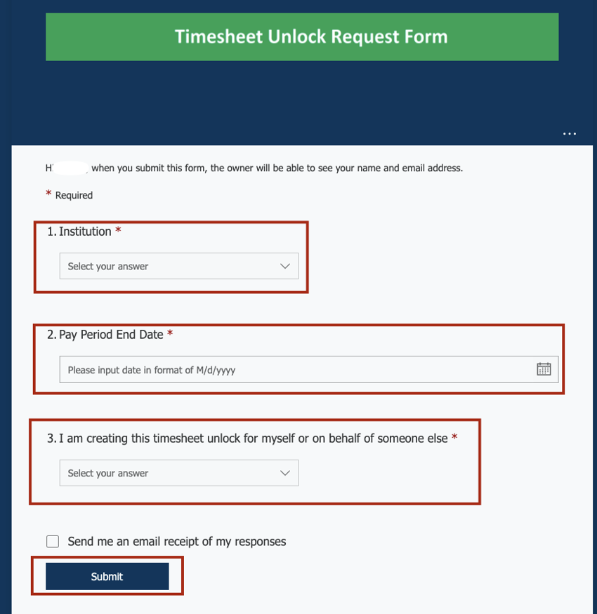 Screenshot of the Timesheet Unlock Request form with the fields outlined in red