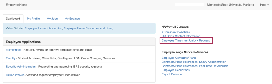 Screenshot of the Employee Home website with the Employee Timesheet Unlock Request link outlined in red