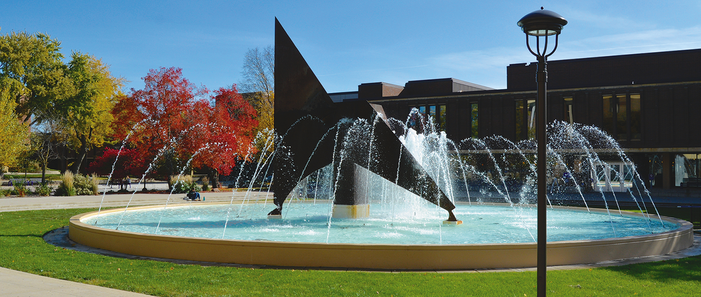 The World's Fair Fountain outside in the campus mall
