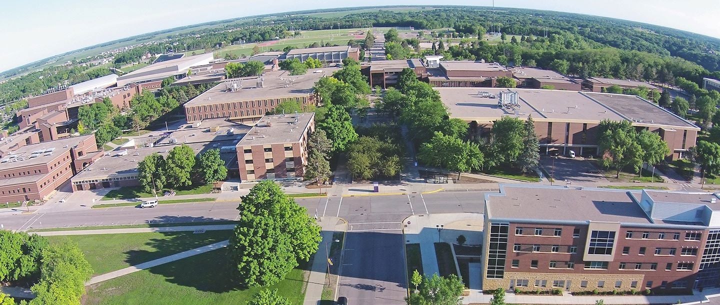 Drone view of Preska mall community at Minnesota State University, Mankato