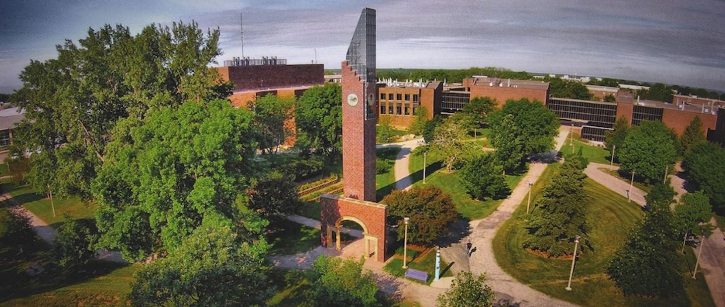 aerial view of bell tower and surrounding area of campus