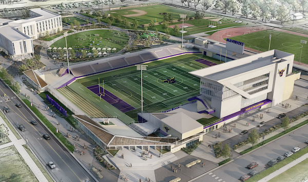 A southeast facing conceptual aerial view of a new Maverick stadium at the corner of stadium and Ellis Avenue. A new residence hall by the MSU berm. A new market area and our current track and baseball field in the background.