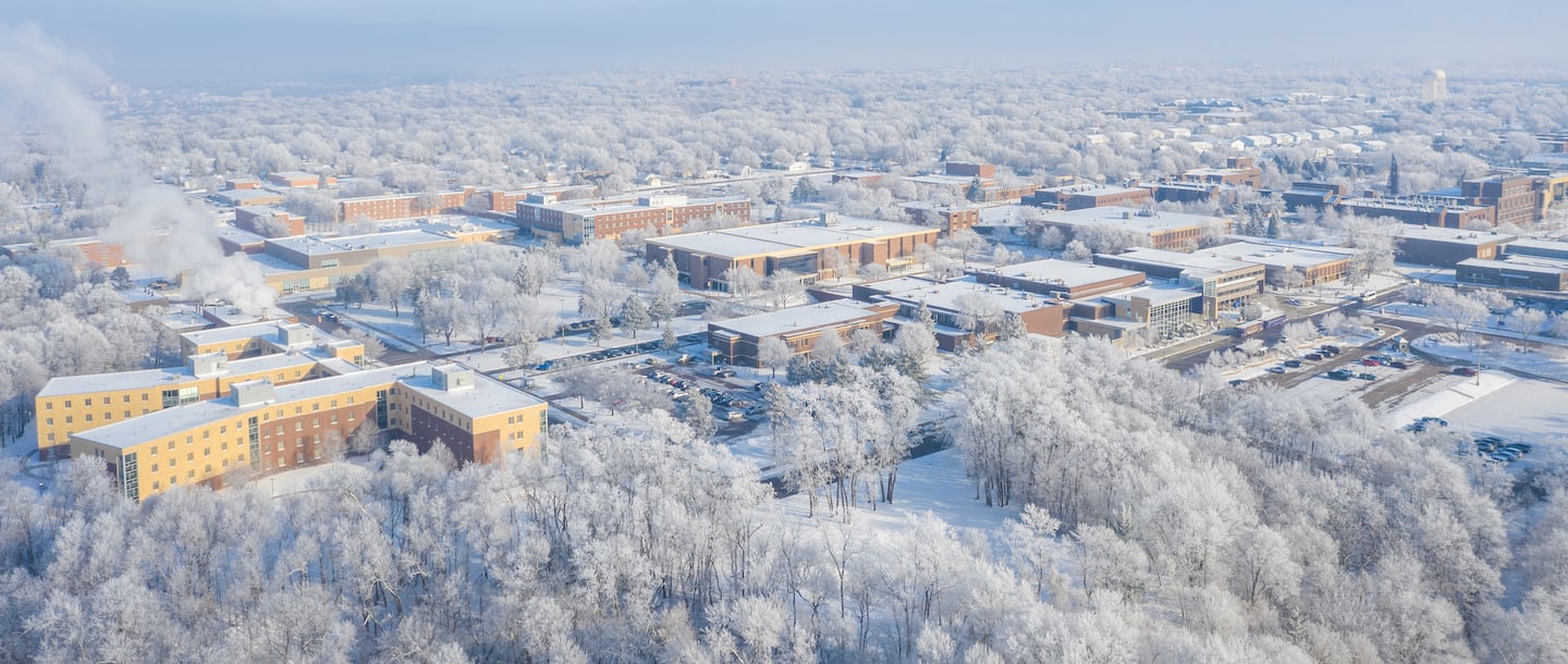 Drone view of Minnesota State University, Mankato campus during winter
