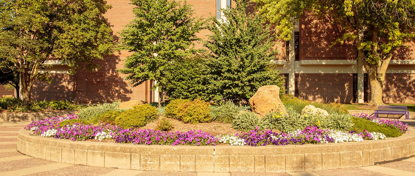 Minnesota State Mankato mall circular with plants, flowers, small trees and a rock